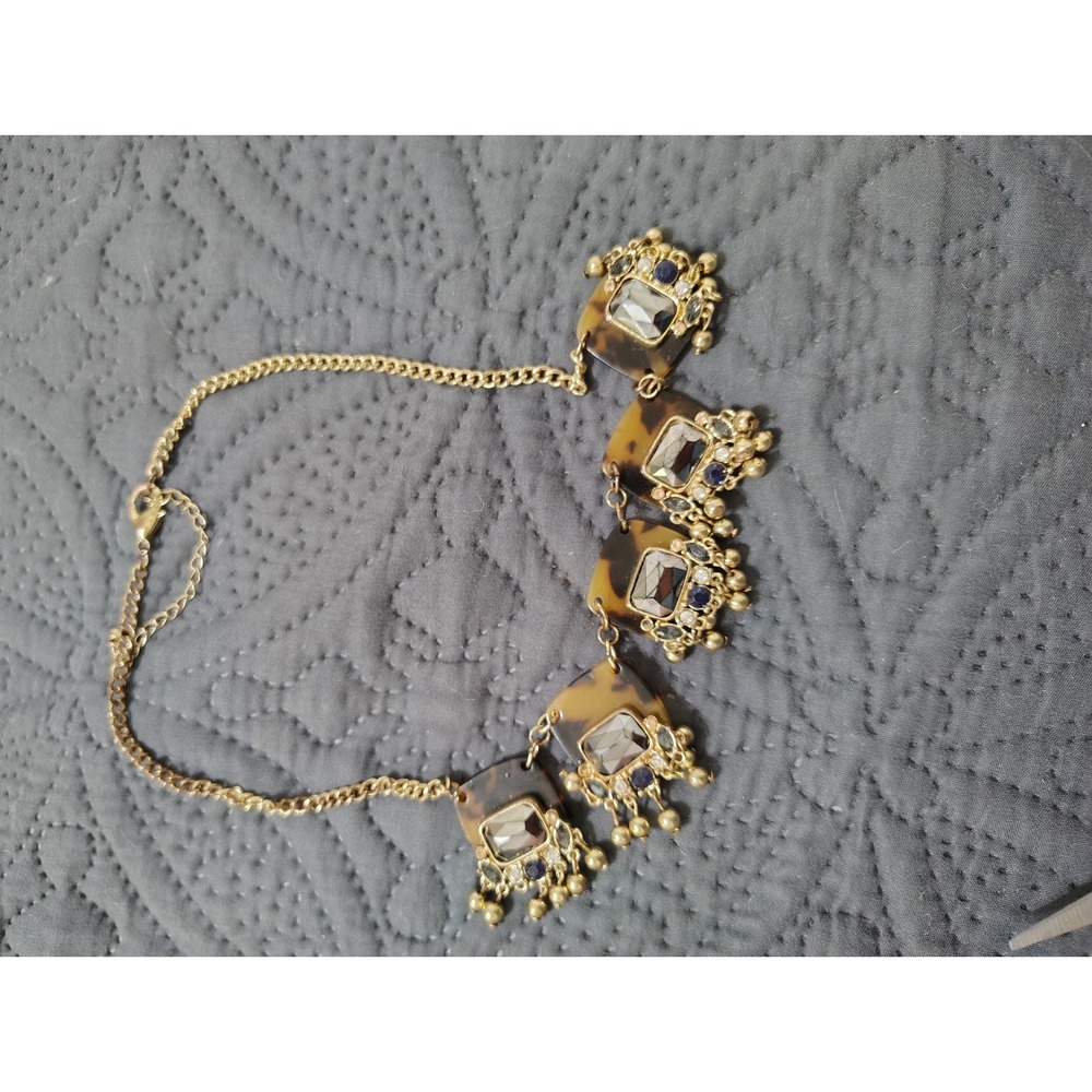 Tortoiseshell Statement Bib Necklace Gold Tone Crystal Embellished Boho Jewelry